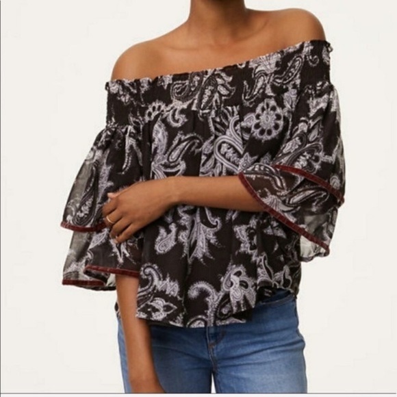 LOFT Black White Ruffle Flare Sleeve Off The Shoulder Top Blouse Size M - Picture 3 of 17